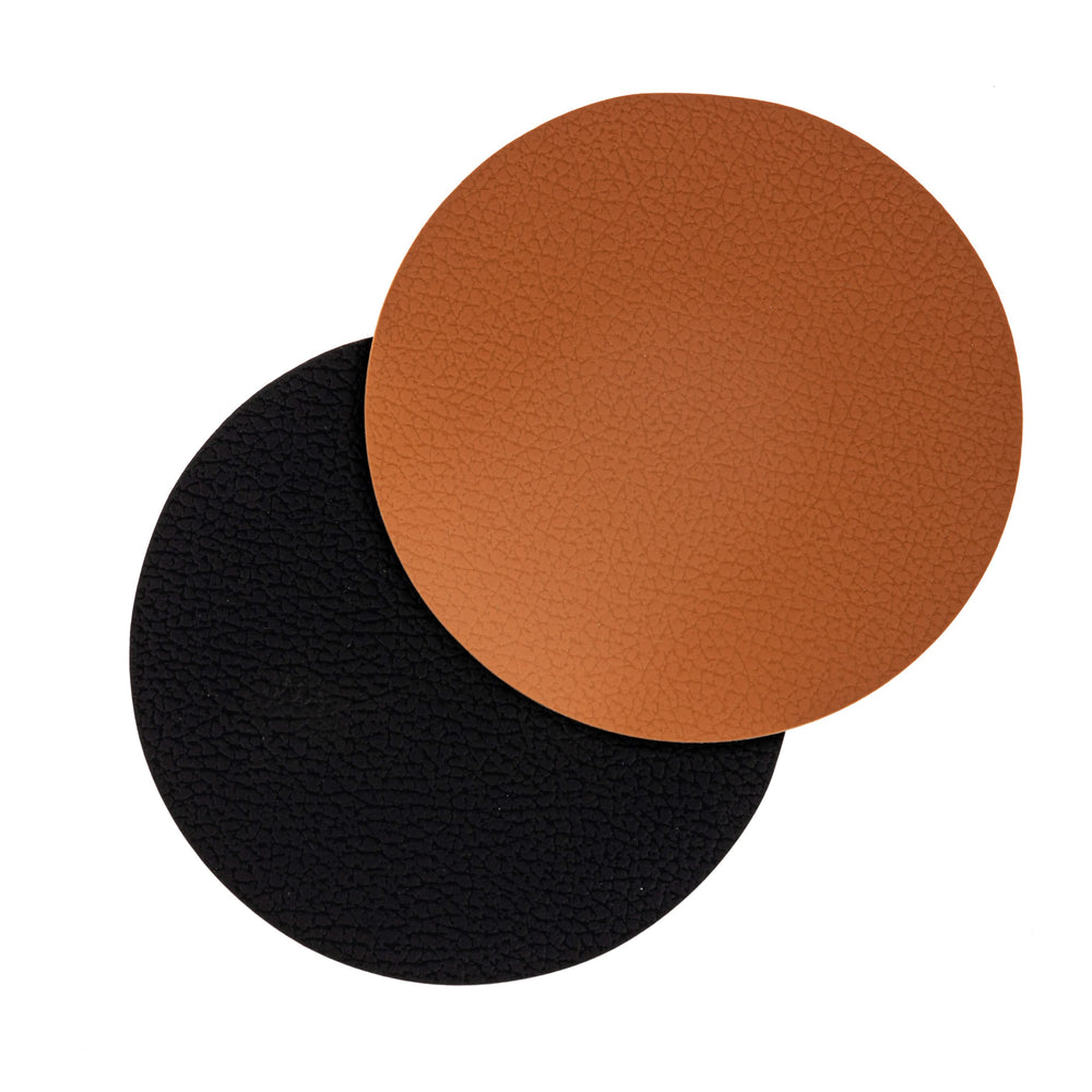 Cookinglife Untersetzer - Veganes Leder - Schwarz / Cognac - doppelseitig - ø 10 cm - 6 Stück