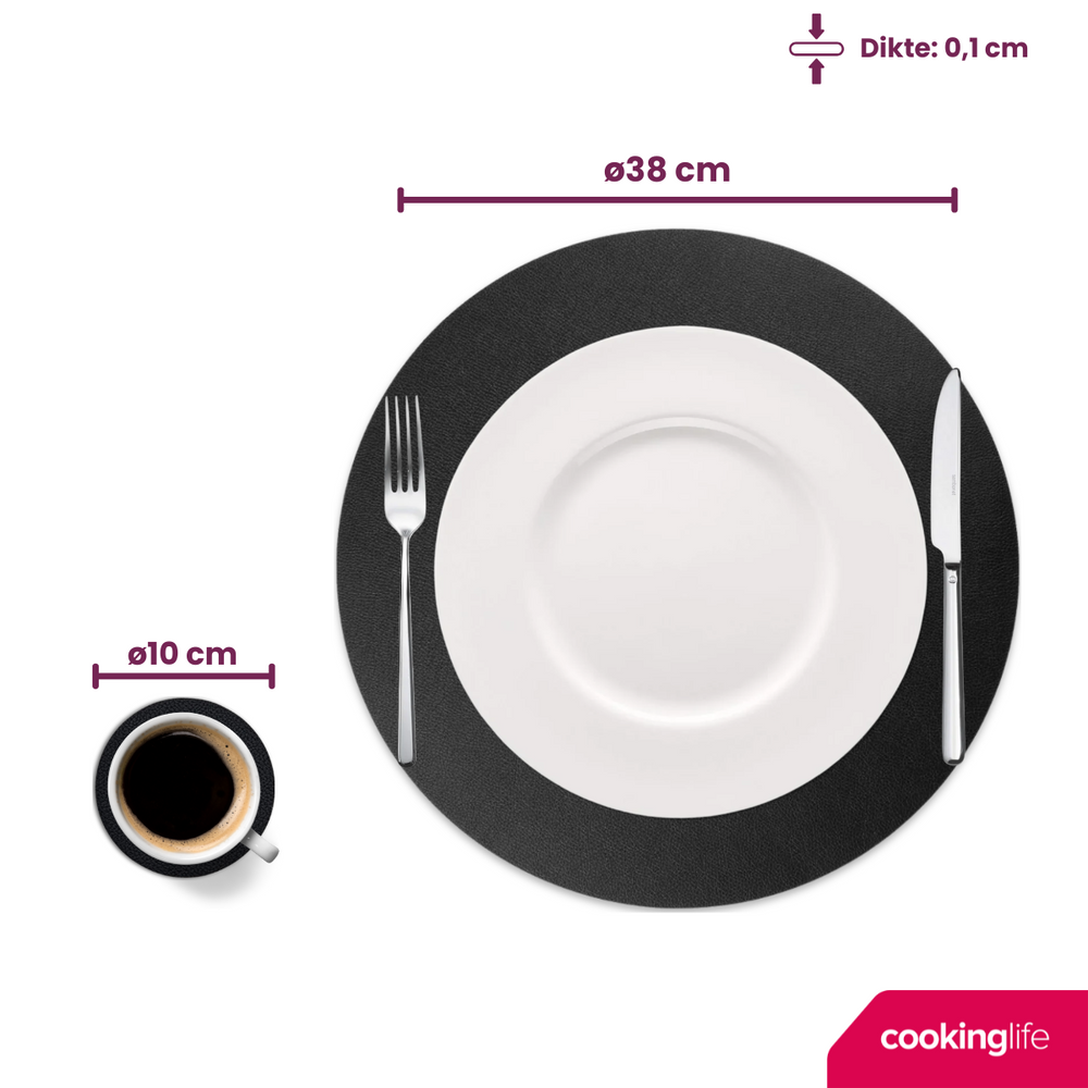 Cookinglife 6 Platzsets + 6 Untersetzer - Rund - Veganes Leder - Schwarz - 12 Stück