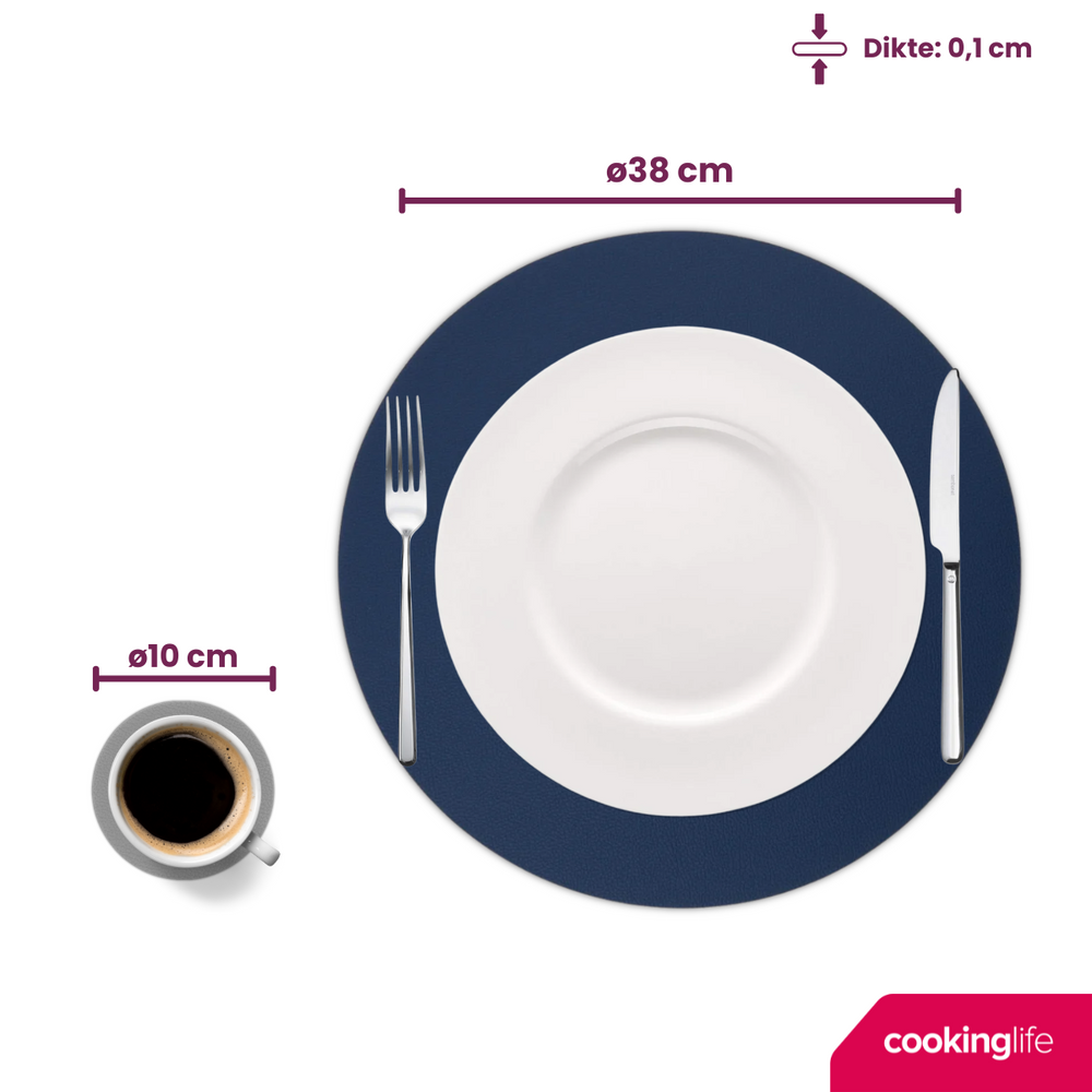 Cookinglife 6 Platzsets + 6 Untersetzer - Doppelseitig - Rund - Veganes Leder - Blau / Grau - 12 Stück