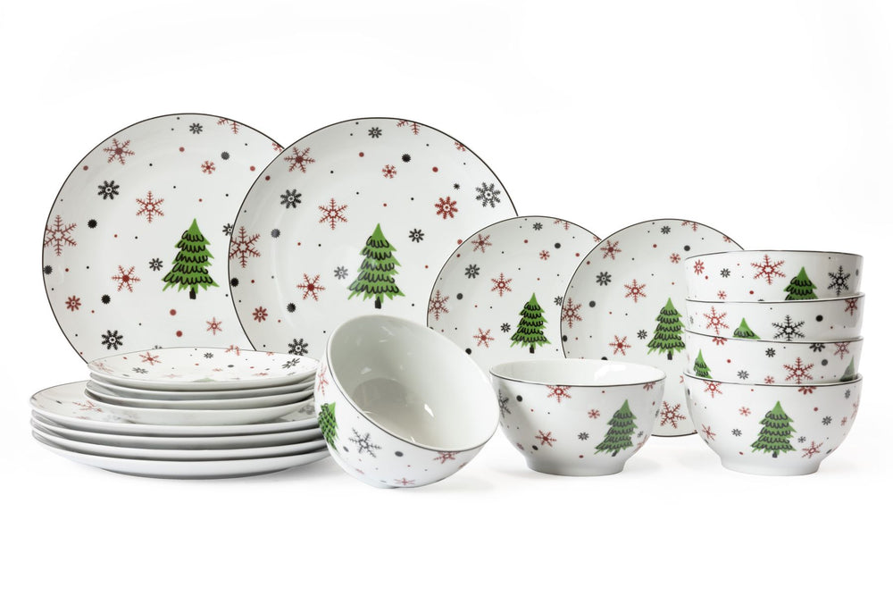 Cookinglife Weihnachtsgeschirrset Rot - Porzellan - 18-teilig / 6 Personen - 6 Speiseteller, 6 Frühstücksteller & 6 Schalen