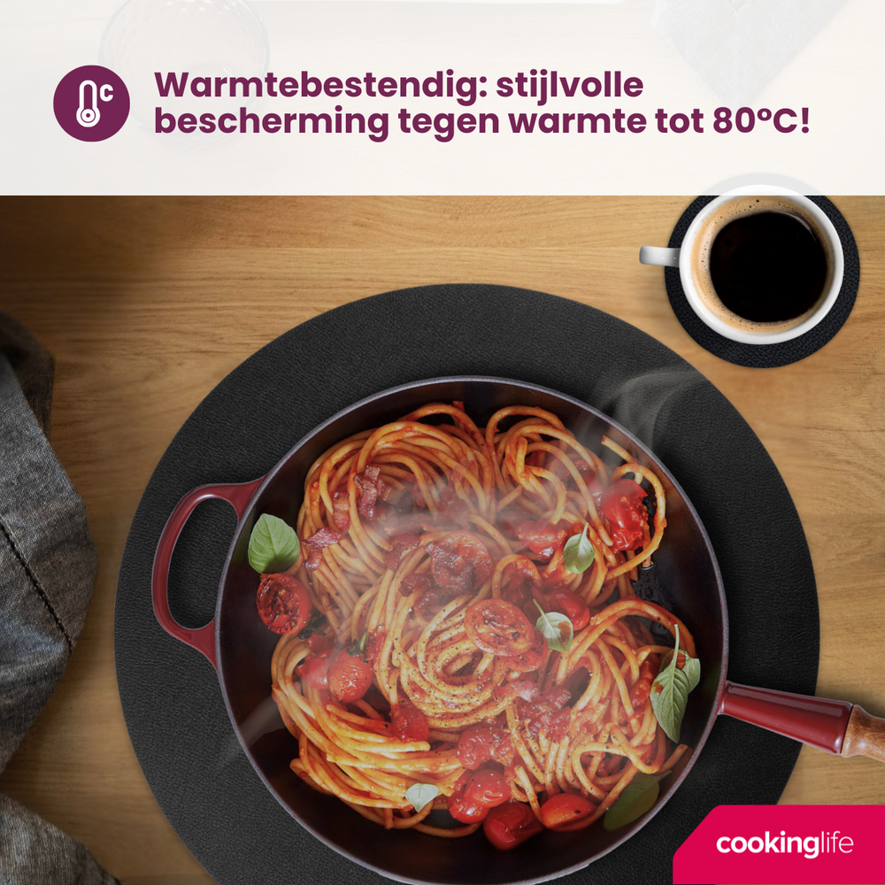 Cookinglife 6 Platzsets + 6 Untersetzer - Rund - Veganes Leder - Schwarz - 12 Stück