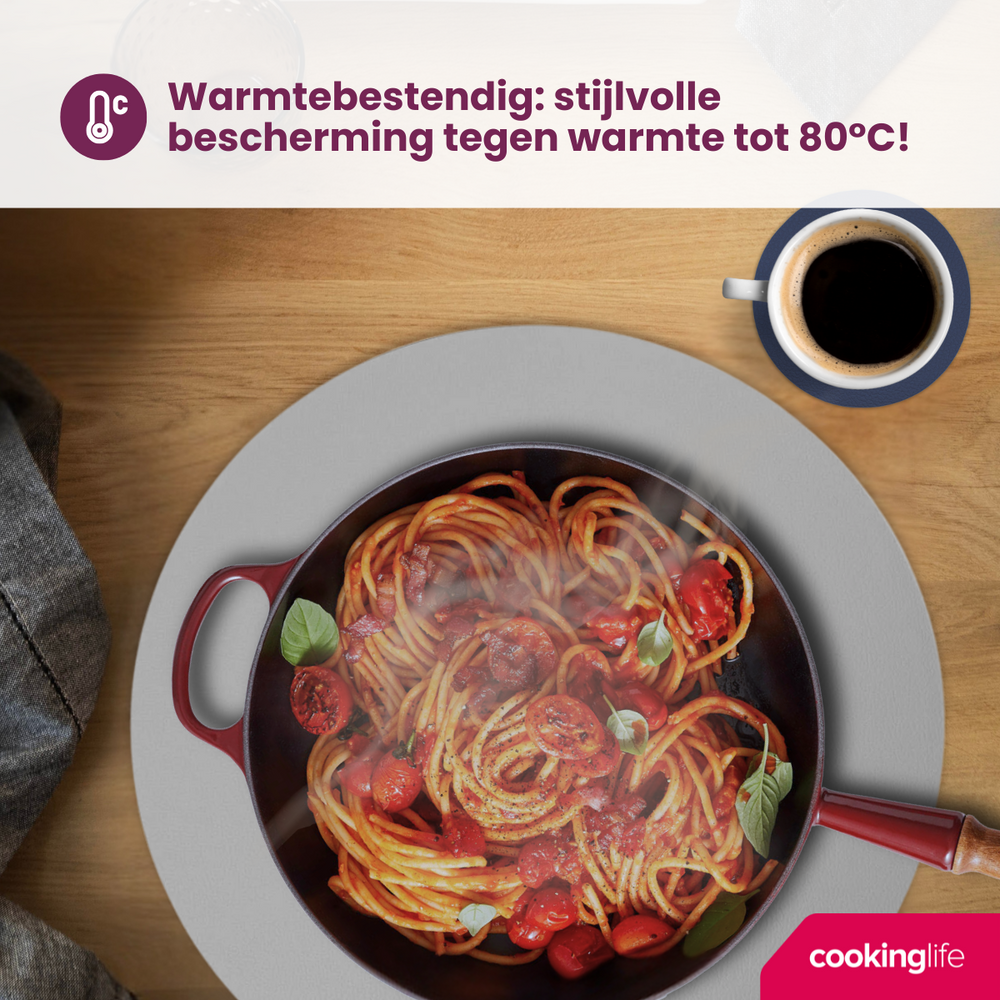 Cookinglife 6 Platzsets + 6 Untersetzer - Doppelseitig - Rund - Veganes Leder - Blau / Grau - 12 Stück