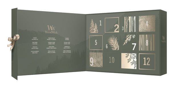 WoodWick Adventskalender 12 Days of Fragrance - 12 Stück - Duftkerze im Glas - Holzdocht
