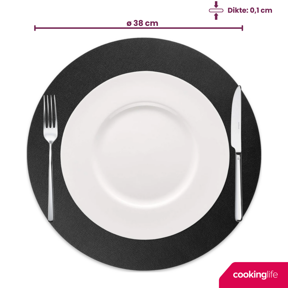 Cookinglife Tischsets - Veganes Leder - Schwarz - ø 38 cm - 6 Stück
