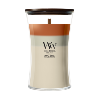 WoodWick Duftkerze Large Trilogy Vanilla Embers - 18 cm / ø 10 cm - Duftkerze im Glas - Holzdocht