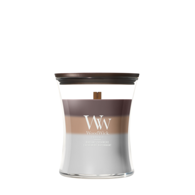 WoodWick Duftkerze Medium Trilogy Radiant Cashmere - 11 cm / ø 10 cm - Duftkerze im Glas - Holzdocht