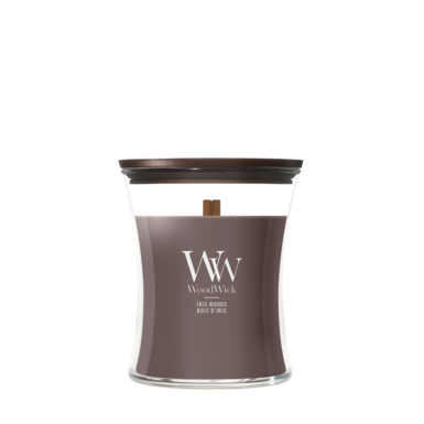 WoodWick Duftkerze Medium Iris Woods - 11 cm / ø 10 cm - Duftkerze im Glas - Holzdocht