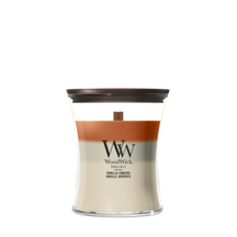 WoodWick Duftkerze Medium Trilogy Vanilla Embers - 11 cm / ø 10 cm - Duftkerze im Glas - Holzdocht