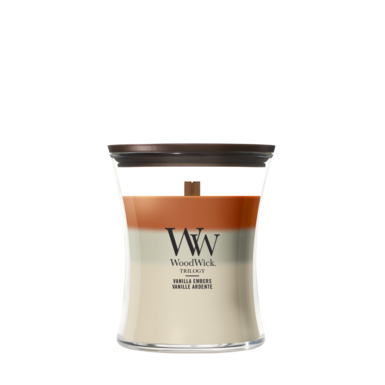 WoodWick Duftkerze Medium Trilogy Vanilla Embers - 11 cm / ø 10 cm - Duftkerze im Glas - Holzdocht
