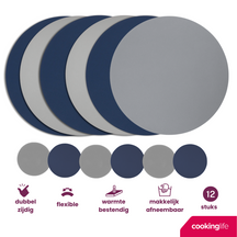 Cookinglife 6 Platzsets + 6 Untersetzer - Doppelseitig - Rund - Veganes Leder - Blau / Grau - 12 Stück