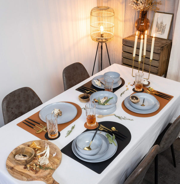 Cookinglife Untersetzer - Veganes Leder - Schwarz / Cognac - doppelseitig - ø 10 cm - 6 Stück