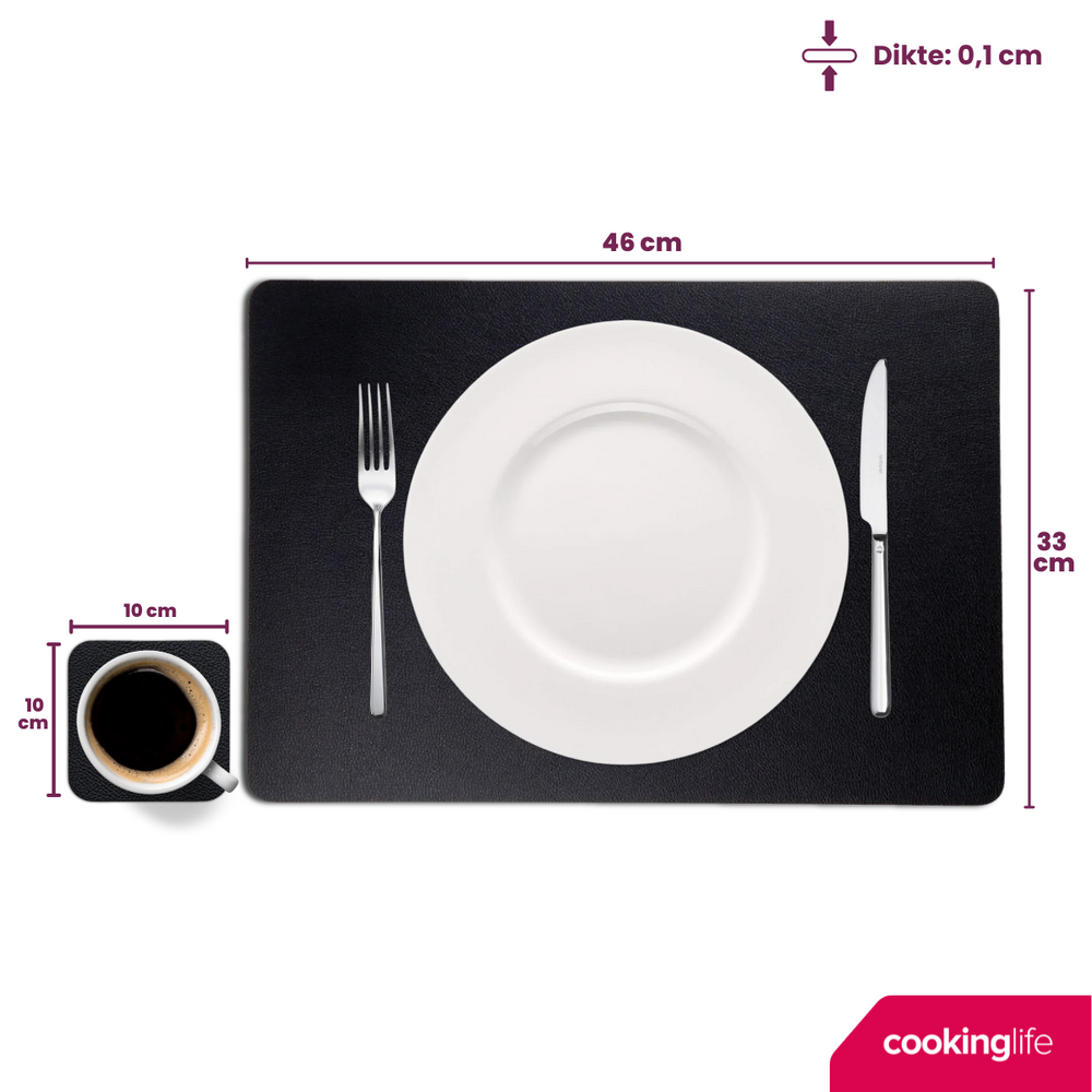 Cookinglife 6 Platzsets + 6 Untersetzer - Veganes Leder - Schwarz - 12 Stück
