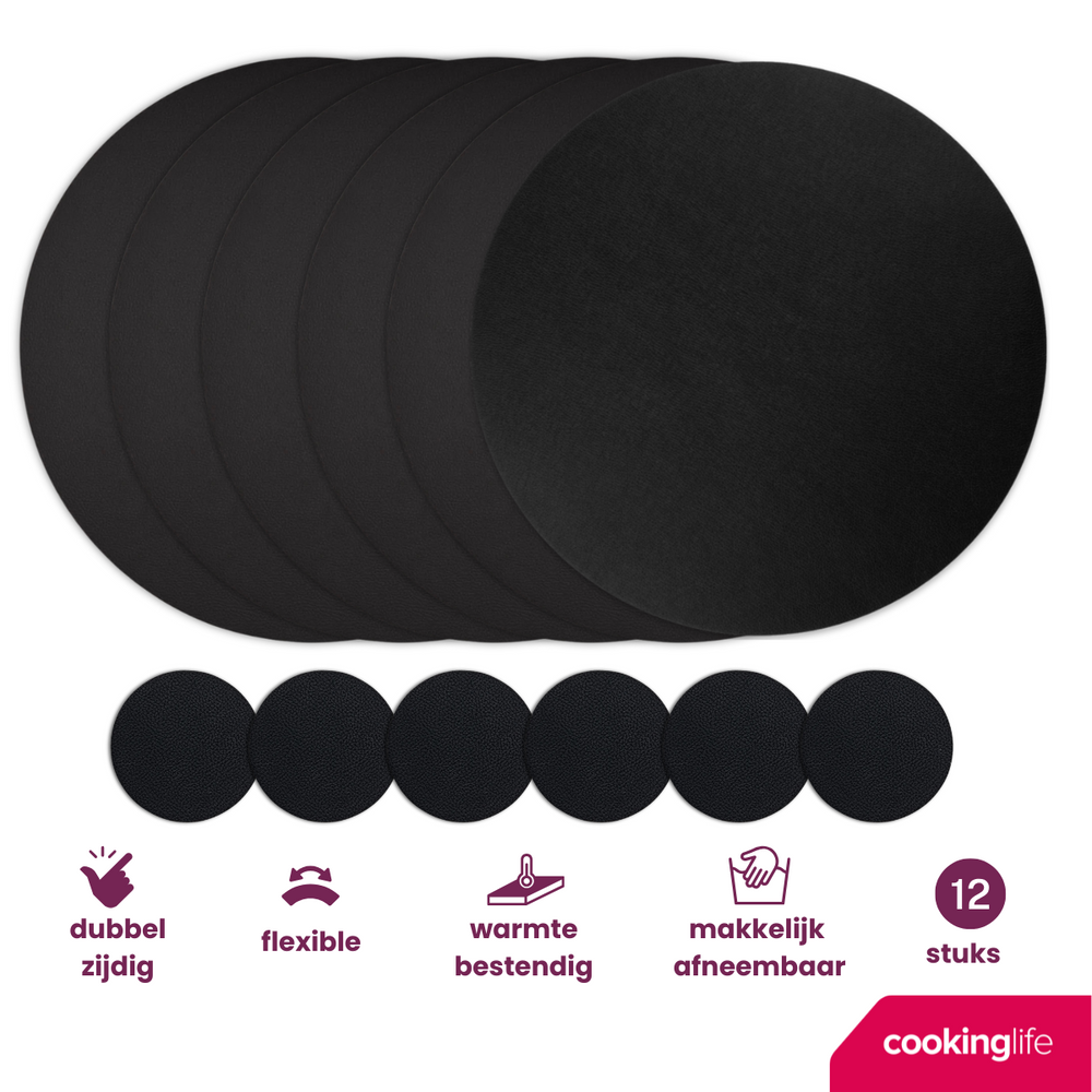 Cookinglife 6 Platzsets + 6 Untersetzer - Rund - Veganes Leder - Schwarz - 12 Stück