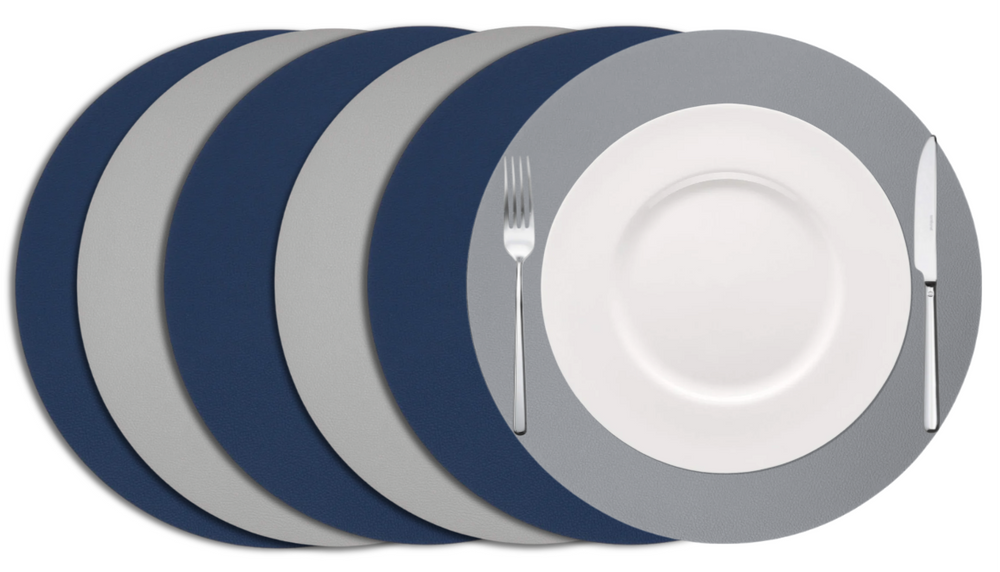 Cookinglife Tischsets - Doppelseitig - Veganes Leder - Grau / Blau ø 38 cm - 6 Stück