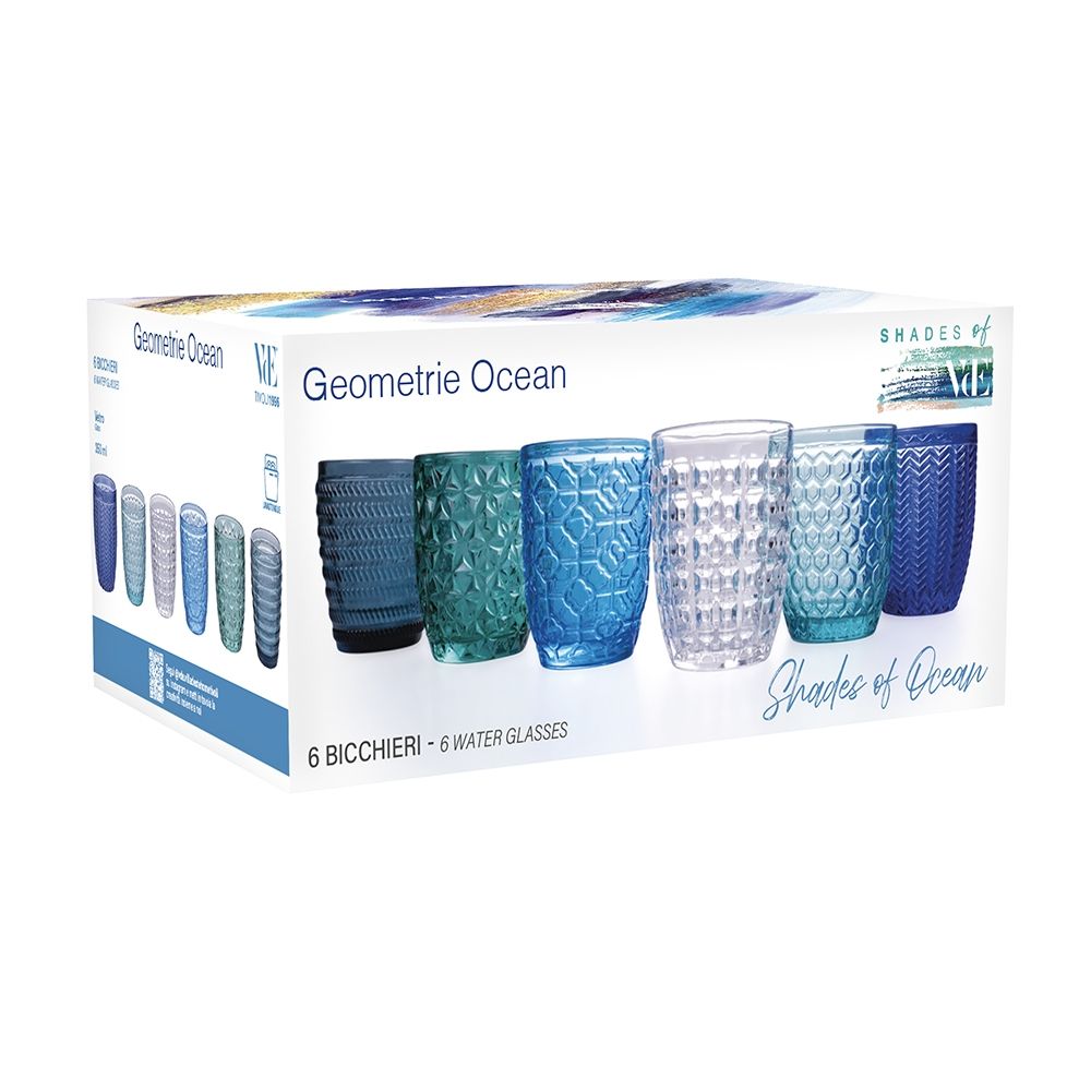 Villa d'Este Home Wassergläser Geometrie Ocean - Blau - 350 ml - 6 Stück