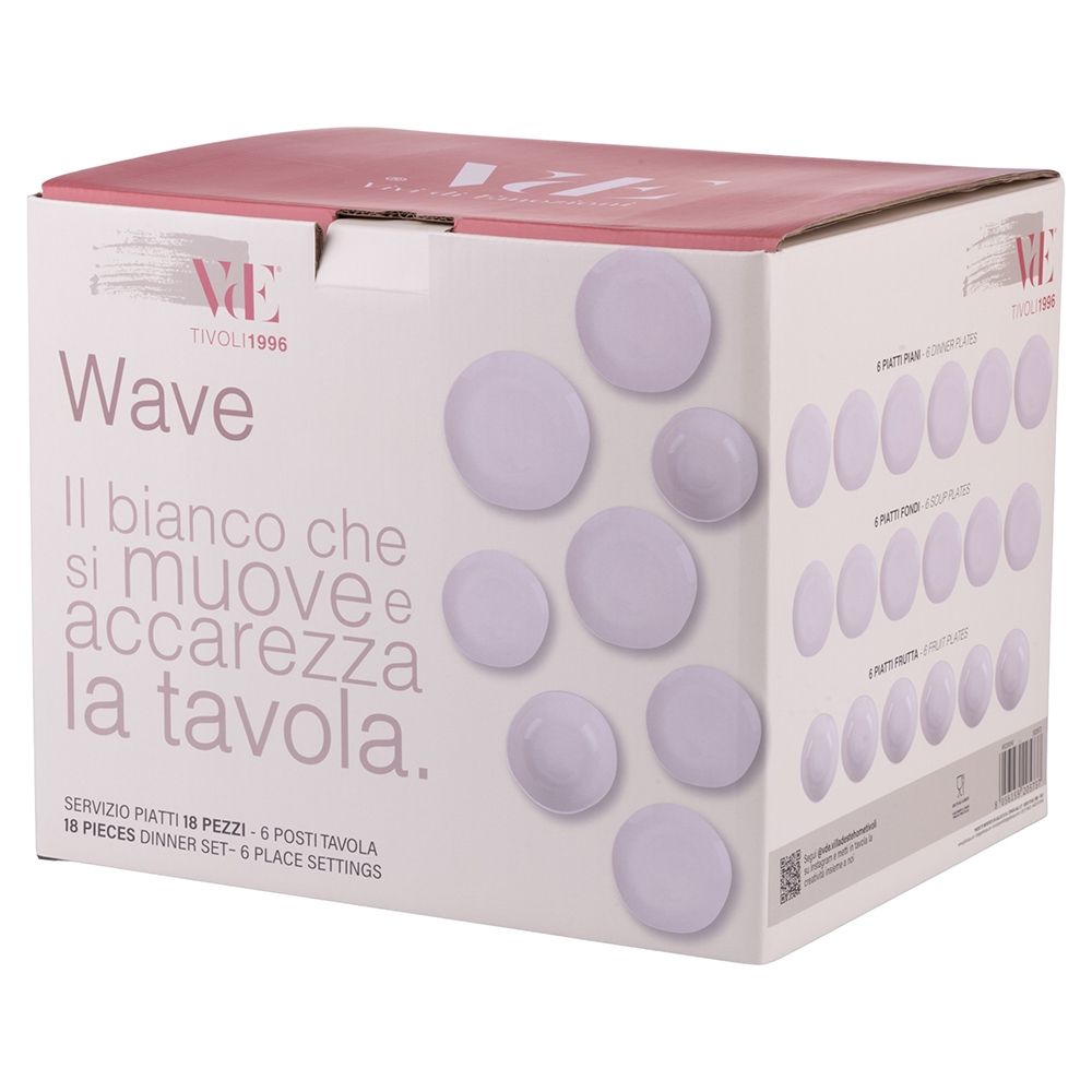 Villa d'Este Home Geschirrset Wave Weiß Porzellan 18-teilig / 6 Personen - 6 Speiseteller, 6 Frühstücksteller und 6 Suppenteller