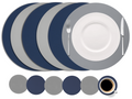 Cookinglife 6 Platzsets + 6 Untersetzer - Doppelseitig - Rund - Veganes Leder - Blau / Grau - 12 Stück