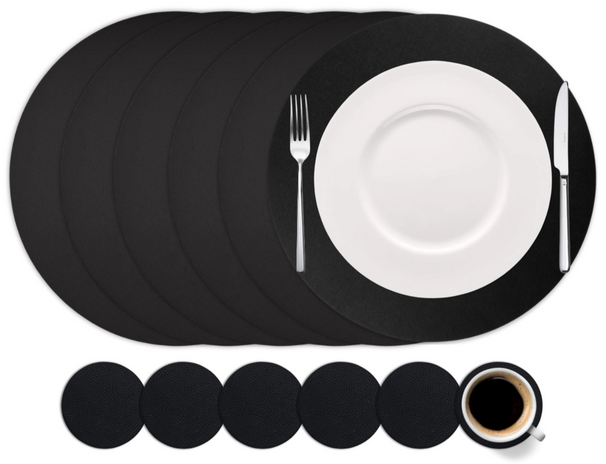Cookinglife 6 Platzsets + 6 Untersetzer - Rund - Veganes Leder - Schwarz - 12 Stück