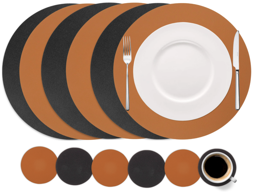 Cookinglife 6 Platzsets + 6 Untersetzer - Doppelseitig - Rund - Veganes Leder - Schwarz / Cognac - 12 Stück