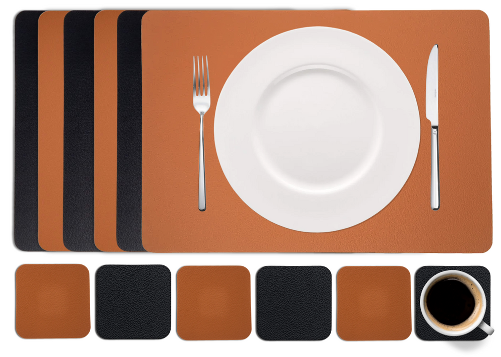 Cookinglife 6 Platzsets + 6 Untersetzer - Doppelseitig - Veganes Leder - Schwarz / Cognac - 12 Stück