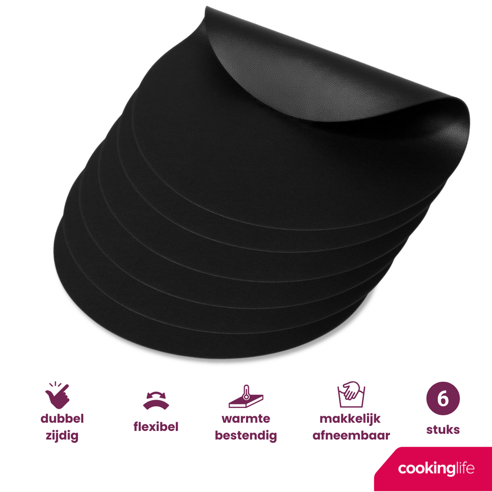 Cookinglife Tischsets - Veganes Leder - Schwarz - ø 38 cm - 6 Stück