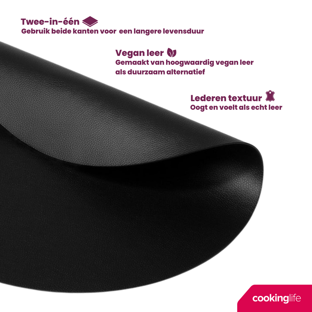 Cookinglife Tischsets - Veganes Leder - Schwarz - ø 38 cm - 6 Stück