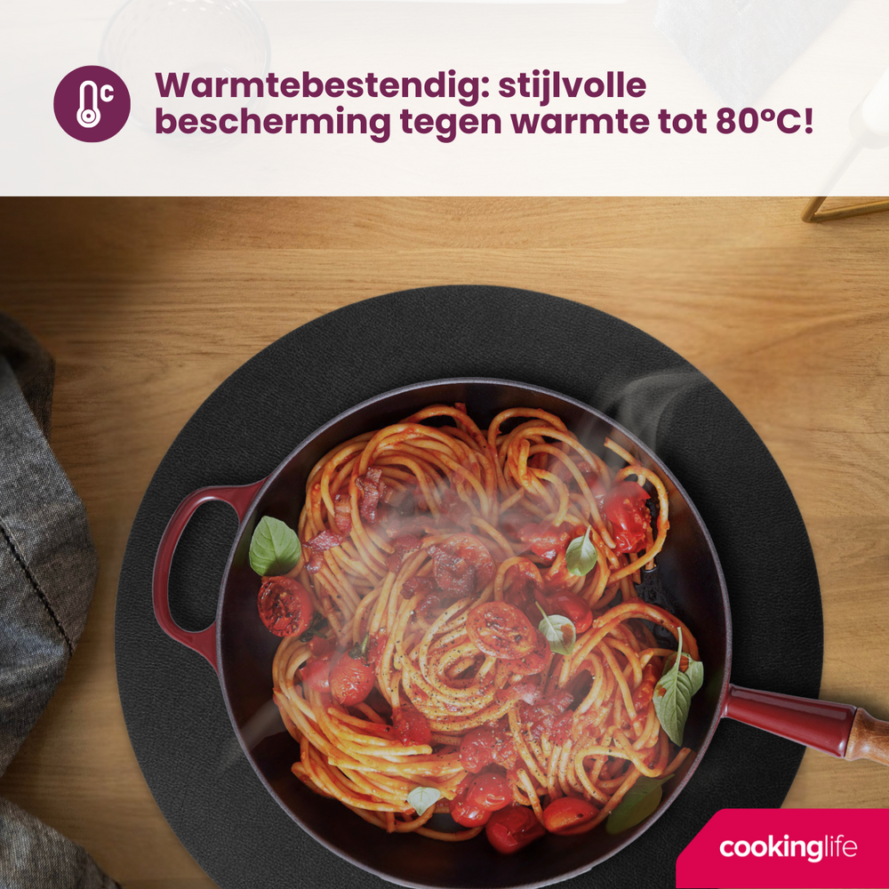 Cookinglife Tischsets - Veganes Leder - Schwarz - ø 38 cm - 6 Stück