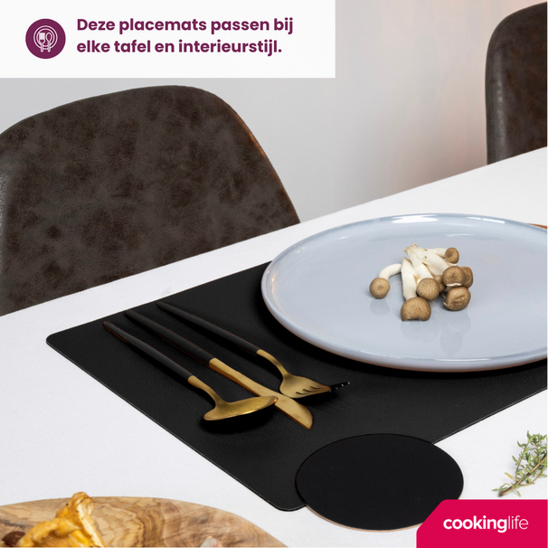 Cookinglife Tischsets - Veganes Leder - Schwarz - 46 x 33 cm - 6 Stück