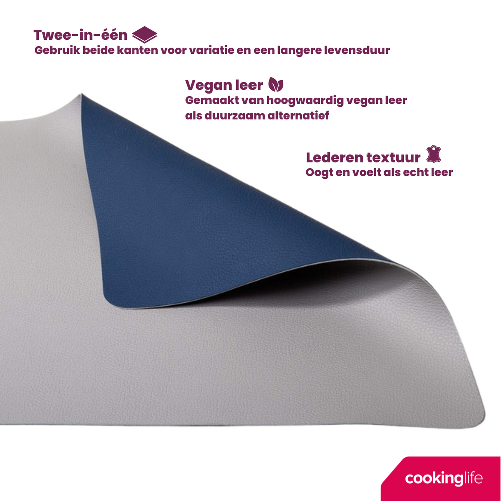 Cookinglife Tischsets - Doppelseitig - Veganes Leder - Grau / Blau 46 x 33 cm - 6 Stück