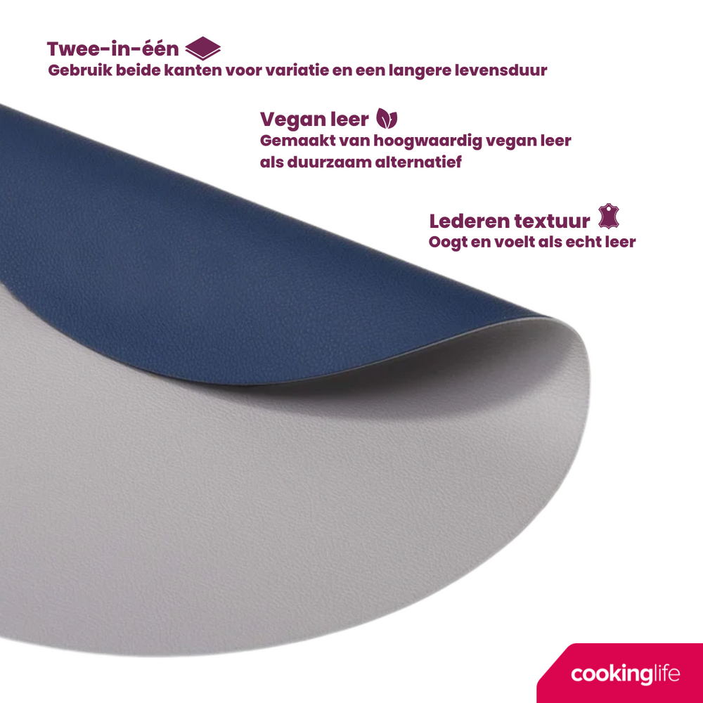 Cookinglife 6 Platzsets + 6 Untersetzer - Doppelseitig - Rund - Veganes Leder - Blau / Grau - 12 Stück