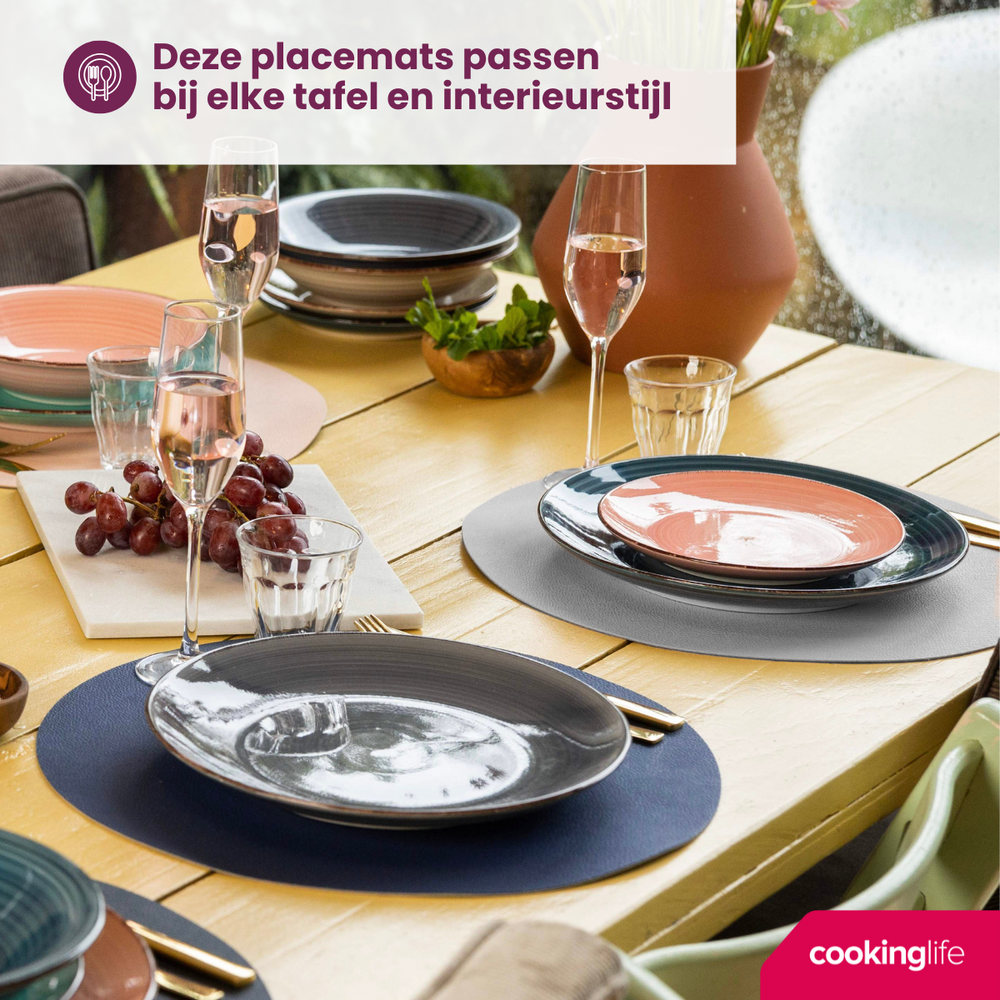 Cookinglife 6 Platzsets + 6 Untersetzer - Doppelseitig - Rund - Veganes Leder - Blau / Grau - 12 Stück