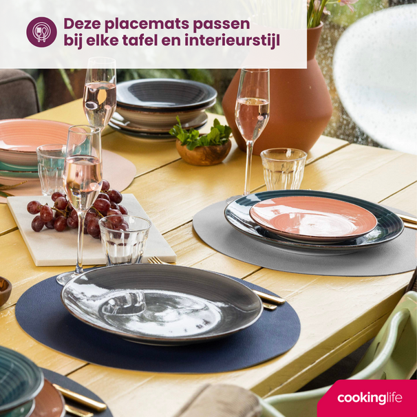 Cookinglife Tischsets - Doppelseitig - Veganes Leder - Grau / Blau ø 38 cm - 6 Stück