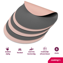 Cookinglife Tischsets - Doppelseitig - Veganes Leder - Grau / Rosa ø 38 cm - 6 Stück