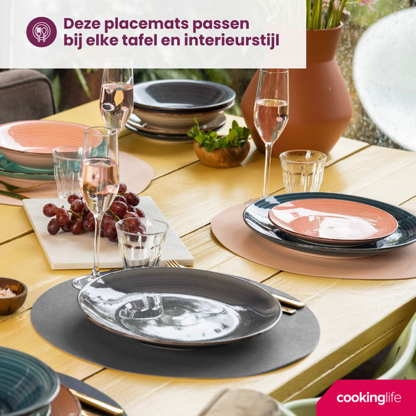 Cookinglife Tischsets - Doppelseitig - Veganes Leder - Grau / Rosa ø 38 cm - 6 Stück