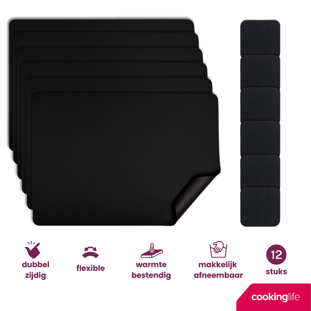 Cookinglife 6 Platzsets + 6 Untersetzer - Veganes Leder - Schwarz - 12 Stück