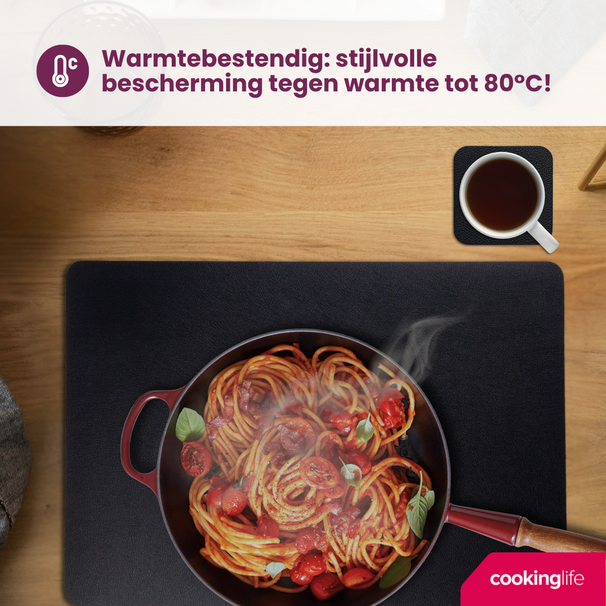 Cookinglife 6 Platzsets + 6 Untersetzer - Veganes Leder - Schwarz - 12 Stück