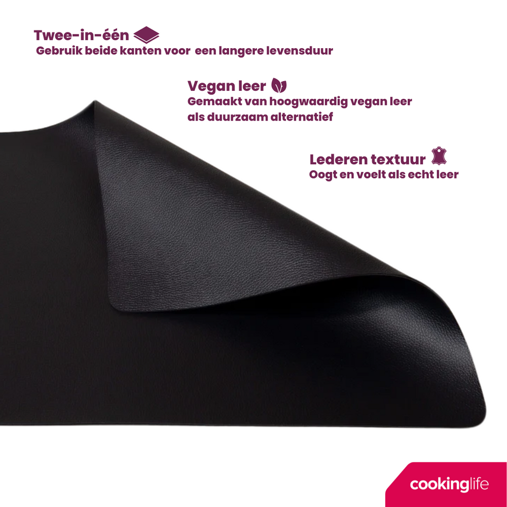 Cookinglife 6 Platzsets + 6 Untersetzer - Veganes Leder - Schwarz - 12 Stück