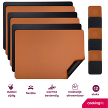 Cookinglife 6 Platzsets + 6 Untersetzer - Doppelseitig - Veganes Leder - Schwarz / Cognac - 12 Stück
