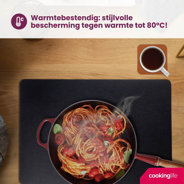 Cookinglife 6 Platzsets + 6 Untersetzer - Doppelseitig - Veganes Leder - Schwarz / Cognac - 12 Stück