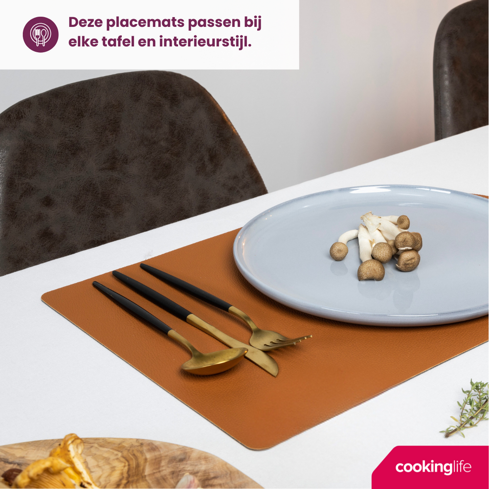 Cookinglife 6 Platzsets + 6 Untersetzer - Doppelseitig - Veganes Leder - Schwarz / Cognac - 12 Stück
