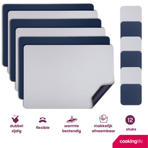 Cookinglife 6 Platzsets + 6 Untersetzer - Doppelseitig - Veganes Leder - Blau / Grau - 12 Stück