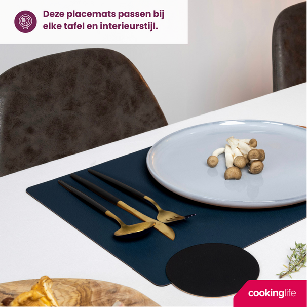 Cookinglife 6 Platzsets + 6 Untersetzer - Doppelseitig - Veganes Leder - Blau / Grau - 12 Stück