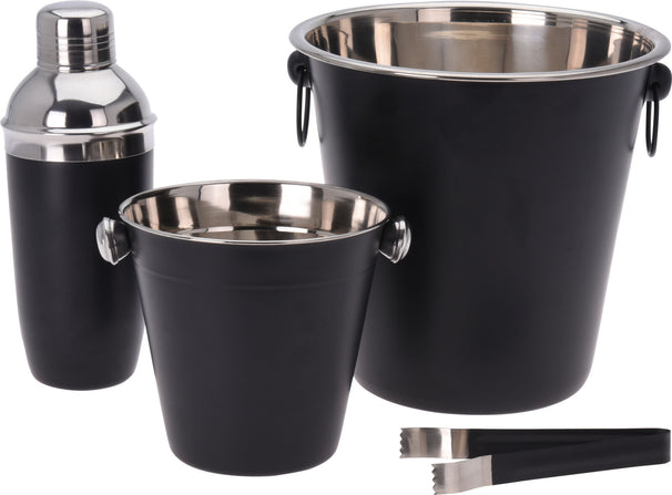 Cookinglife Barset Schwarz 4-teilig - Cocktailshaker, Champagnerkühler, Eiskübel und Zange