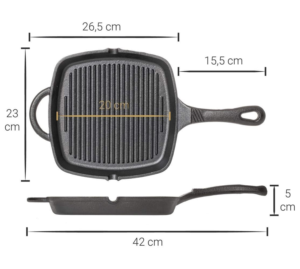 Blackwell Pfannenset Gusseisen – Bratpfanne Ø 25 cm und Grillpfanne 23 x 23 cm – geeignet für alle Wärmequellen – ohne Antihaftbeschichtung 
