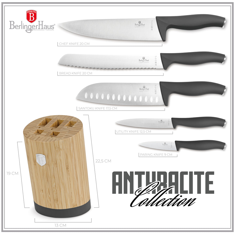 BerlingerHaus Messerblock Matt Anthrazit Rund 6-teilig - Kochmesser, Brotmesser, Santokumesser, Officemesser & Schälmesser
