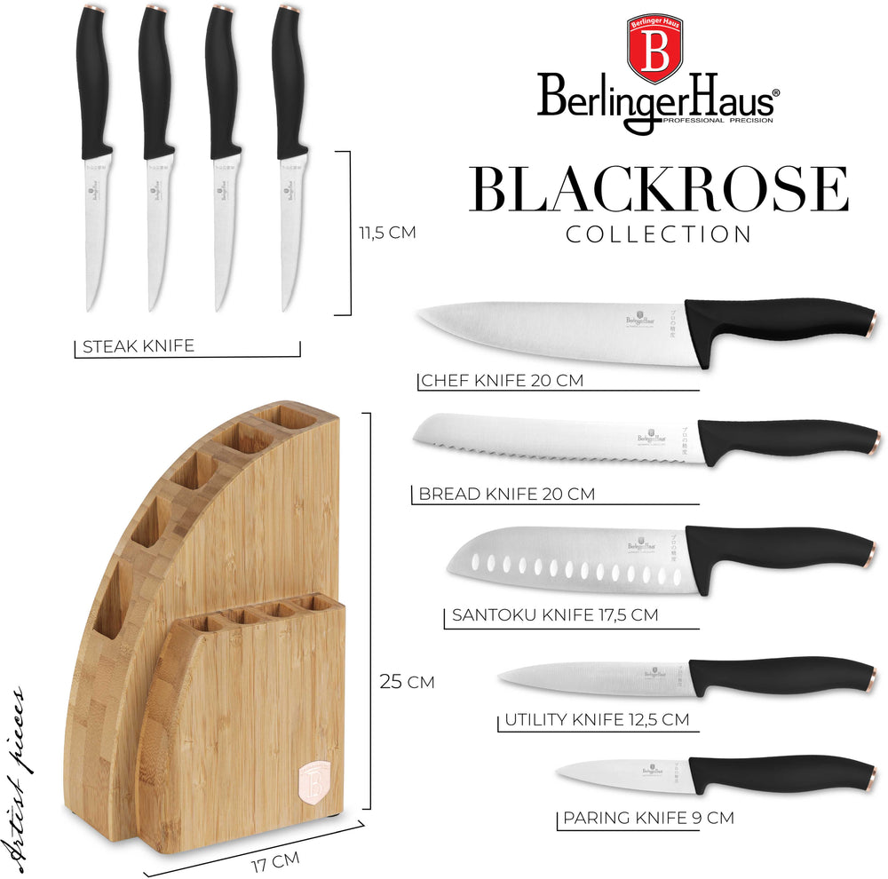 BerlingerHaus Messerblock Schwarz Roségold 10-teilig - Kochmesser, Brotmesser, Santokumesser, Officemesser, Schälmesser & 4 Steakmesser
