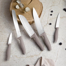 BerlingerHaus Messerset mit Messermagnetleiste Acaciahout Taupe - 6-teilig - Kochmesser, Brotmesser, Santokumes, Officemesser & Schälmesser
