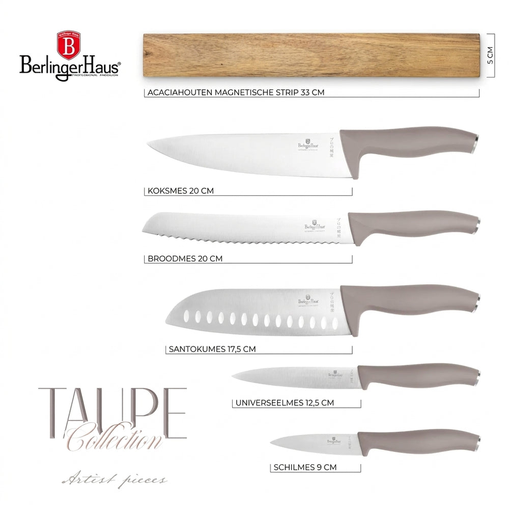 BerlingerHaus Messerset mit Messermagnetleiste Acaciahout Taupe - 6-teilig - Kochmesser, Brotmesser, Santokumes, Officemesser & Schälmesser