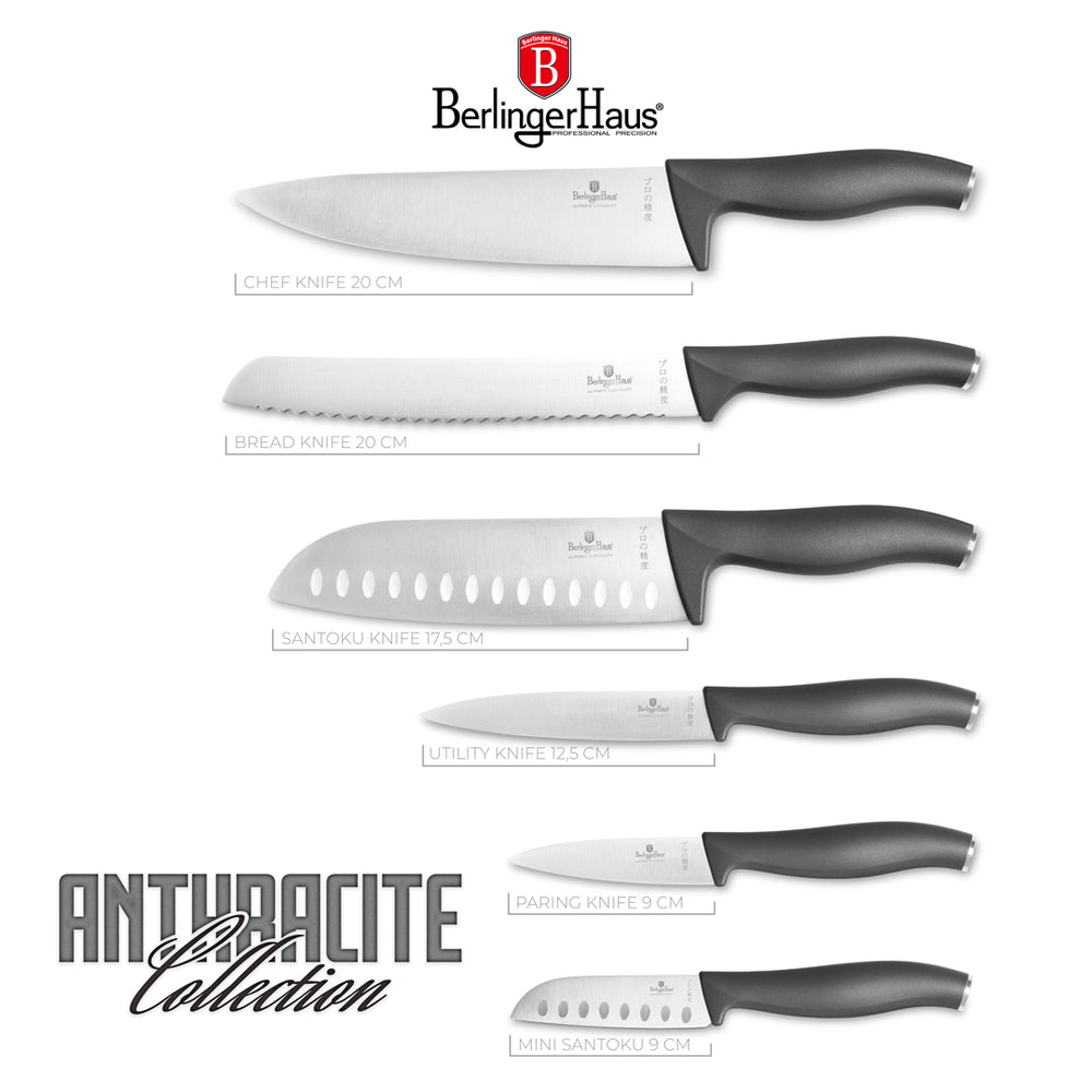 BerlingerHaus Messerset Matt Anthrazit 6-teilig - Kochmesser, Brotmesser, Santokumesser, Officemesser, Schälmesser & Mini Santokumesser