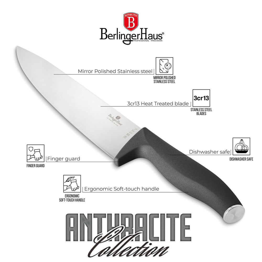 BerlingerHaus Messerset Matt Anthrazit 6-teilig - Kochmesser, Brotmesser, Santokumesser, Officemesser, Schälmesser & Mini Santokumesser